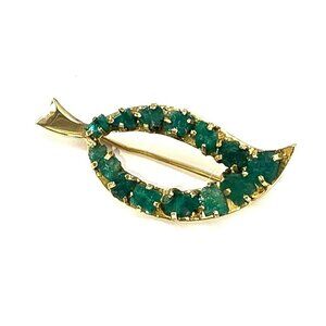 Raw Emerald Brooch Pin 18k Yellow Gold Leaf Shape Vintage Artisan STUNNING LI613